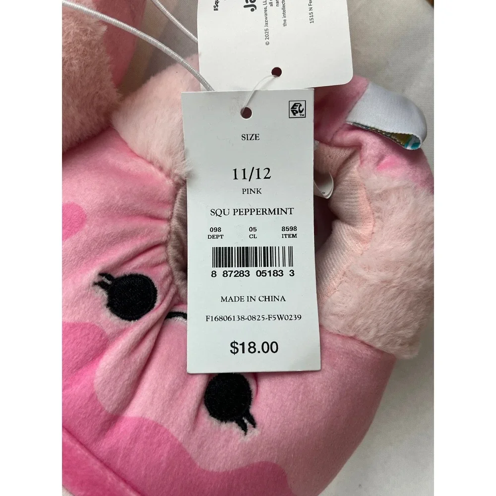 Squishmallows Peppermint Hot Cocoa Pink Plush Slippers Kids Size 11/12 NWT